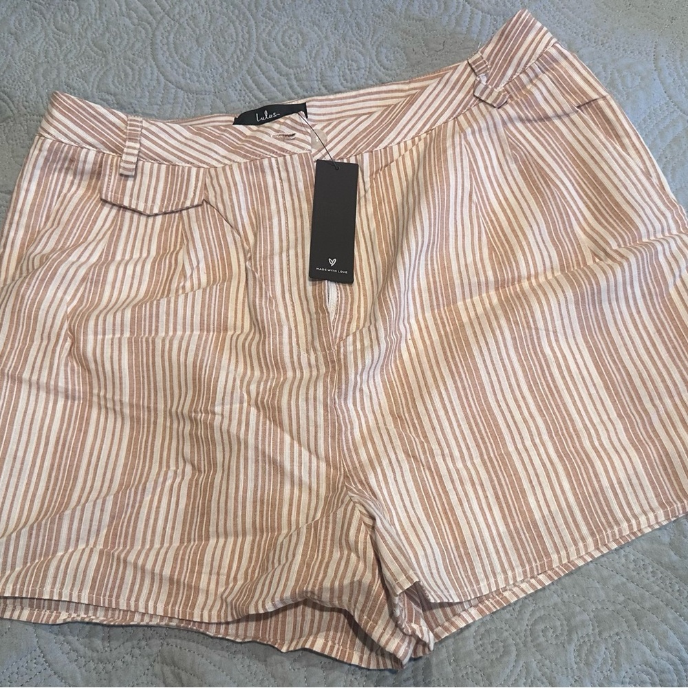 Lulu's Beige and White Striped High-Waist Bermuda Shorts